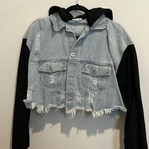 Destroyed Light Wash Denim Cropped Jacket with Black Hooded Sleeves